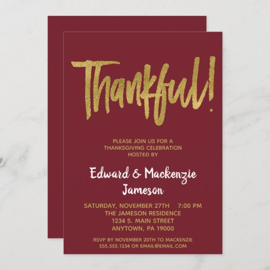 Bourgogne Gold Script Thanksgiving Invitation (Devant / Derrière)