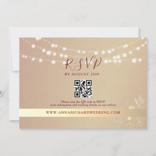 Bourgogne Gold String Lumières Mariage Invitation (Dos)
