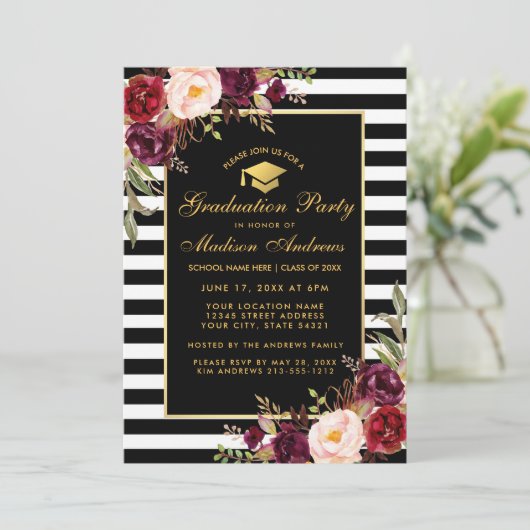 Bourgogne Gold Striped Party Invitation (Debout devant)