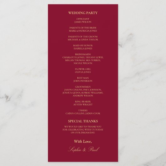Bourgogne Golden Beige Wedding Programme (Dos)