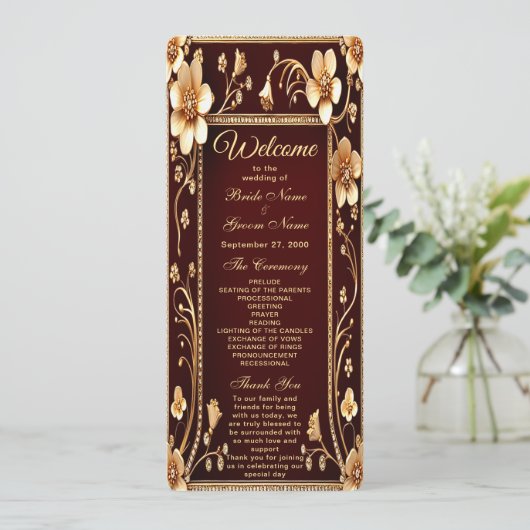 Bourgogne Golden Flowers Wedding Programme (Debout devant)