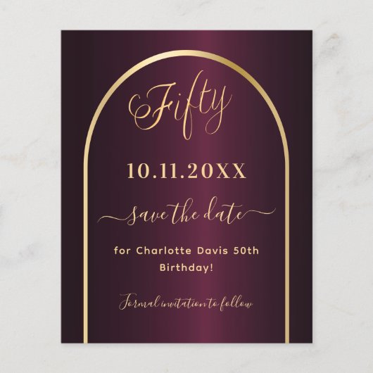 Bourgogne goud 50e verjaardag save the date kaart (Voorkant)