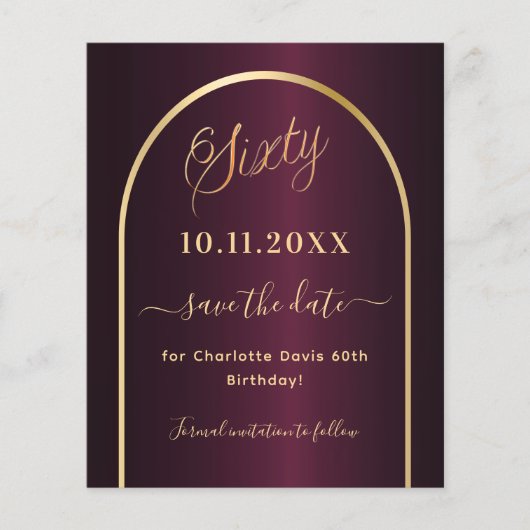 Bourgogne goud 60e verjaardag budget save the date flyer (Voorkant)