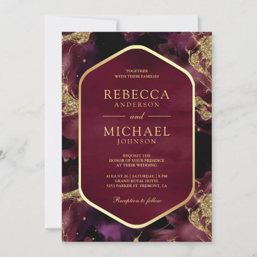 Bourgogne Goud Abstract Vloeibare Inkt Foto Bruilo Kaart (Voorkant)