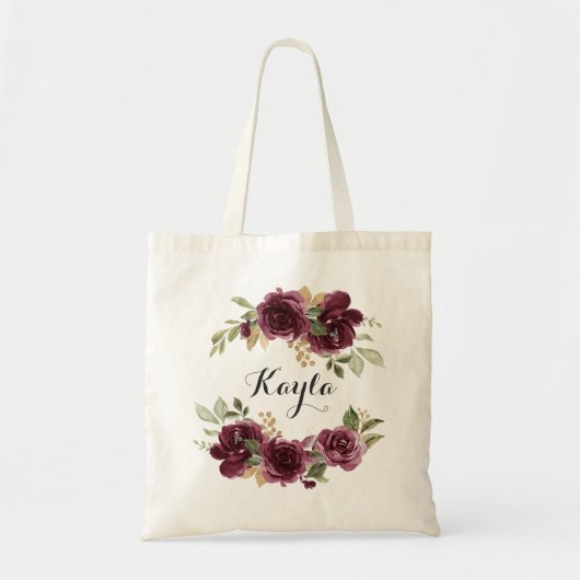 Bourgogne Goud Bloemen Bladergroen Gepersonaliseer Tote Bag