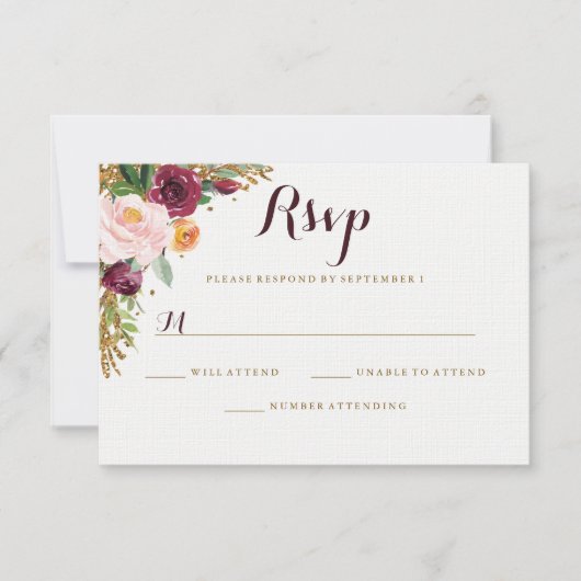 Bourgogne Goud Bloemen Glitter Bruiloft RSVP (Voorkant)