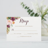 Bourgogne Goud Bloemen Glitter Bruiloft RSVP (Staand voorkant)