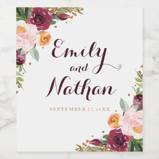 Bourgogne Goud Bloemen Glitter Bruiloft Wijn Label Wijn Etiket (Enkel label)