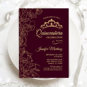 Bourgogne Goud Bloemen Quinceanera Party Kaart