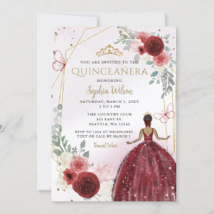 Bourgogne Goud Bloemen Tan Prinses Quinceañera Kaart