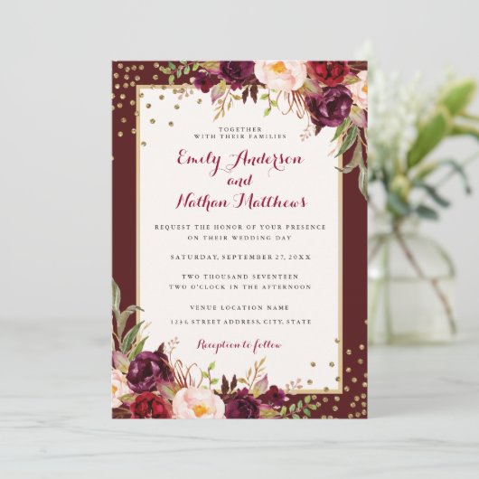 Bourgogne Goud Confetti Bloemen Bruiloft Uitnodigi Kaart (Staand voorkant)