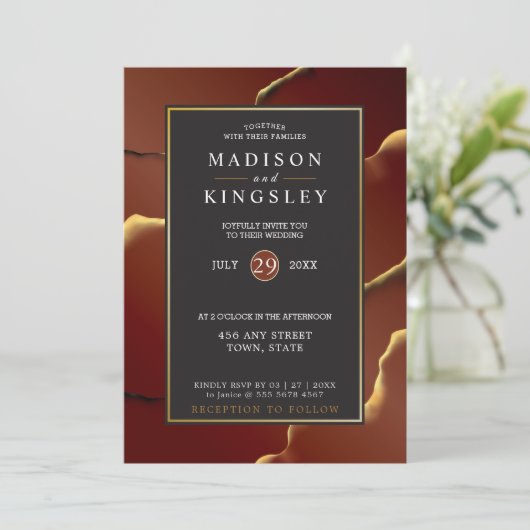 Bourgogne Goud 🌿 Elegante Inky Abstracte bruiloft Kaart (Staand voorkant)