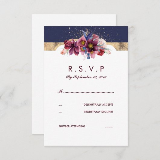 Bourgogne Goud en Marsala Bruiloft RSVP Bloemen (Voorkant / Achterkant)