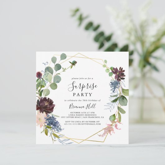 Bourgogne Goud Geometrisch Verrassingsfeest Kaart (Staand voorkant)