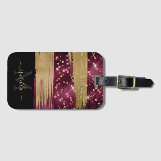 Bourgogne Goud Glitter Script Monogrammed Bagagelabel (Voorkant (horizontaal))
