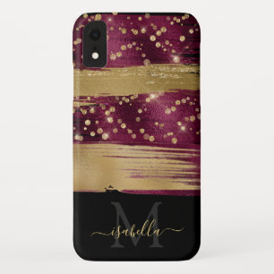 Bourgogne Goud Glitter Script Monogrammed iPhone XR Hoesje