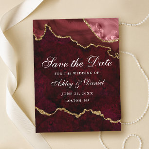 Bourgogne Goud Marmer Agaat Geode Save The Date Aankondigingskaart