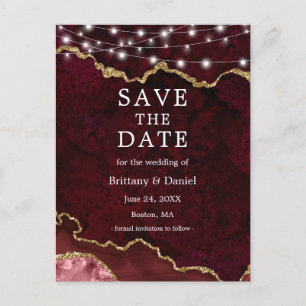 Bourgogne Goud Marmer Geode Lights Save The Date Aankondigingskaart
