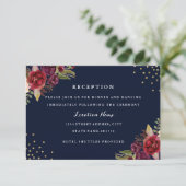 Bourgogne Goud Navy Bloemen Bruiloft Receptie Kaar Informatiekaartje (Staand voorkant)