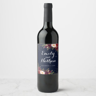 Bourgogne Goud Navy Bloemen Vallen Bruiloft Wijn L Etiket