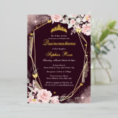 Bourgogne Goud Roze Vlinder Bloemen Quinceanera Folie Uitnodiging (Staand Voorkant)