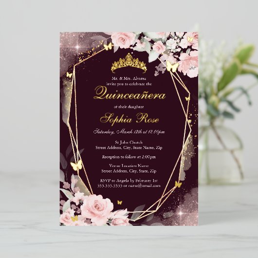 Bourgogne Goud Roze Vlinder Bloemen Quinceanera Folie Uitnodiging (Staand Voorkant)