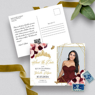 Bourgogne & Goud Tiara Quinceañera Foto Briefkaart