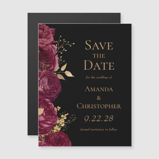 Bourgogne Goud Zwart Bloemen Huwelijk Save the Dat Magnetische Uitnodiging (Voorkant / Achterkant)
