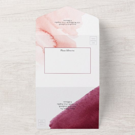 Bourgogne, goudbruin en blind Geometrisch huwelijk All In One Uitnodiging (Buitenkant)