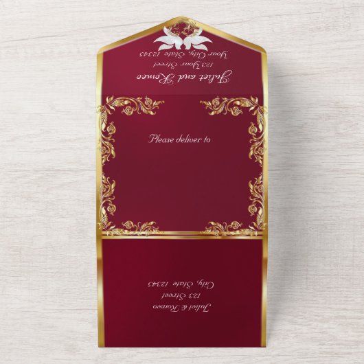 Bourgogne, Gouden bladeren, Duiven & Hart All In One Uitnodiging (Buitenkant)