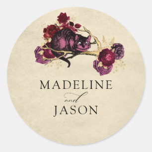  Bourgogne Gouden Bloemen Cat Wedding Ronde Sticker