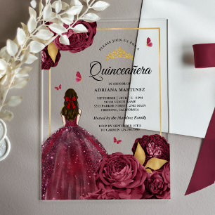 Bourgogne Gouden Bloemen Jurk Butterfly Quinceaner Acryl Uitnodigingen