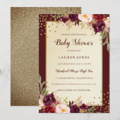 Bourgogne Gouden Bloemen Sparkle Baby shower Uitno Kaart (Voorkant / Achterkant)