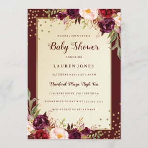 Bourgogne Gouden Bloemen Sparkle Baby shower Uitno Kaart