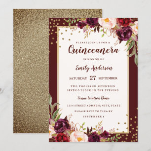 Bourgogne Gouden Bloemen Sparkle Quinceanera Invit Kaart