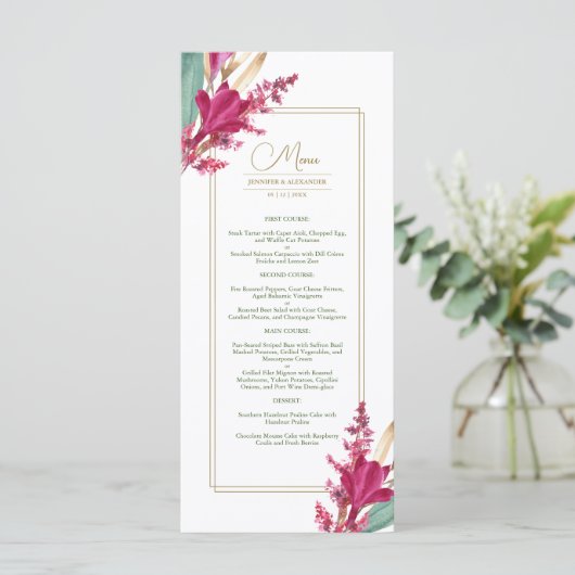 Bourgogne & Gouden Bloom Bruiloft Menu (Staand voorkant)