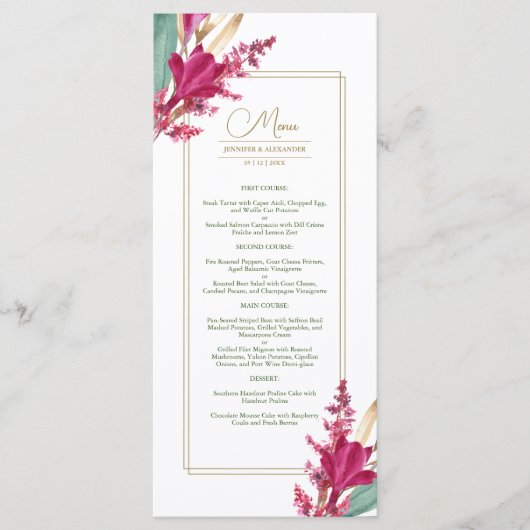 Bourgogne & Gouden Bloom Bruiloft Menu (Voorkant)