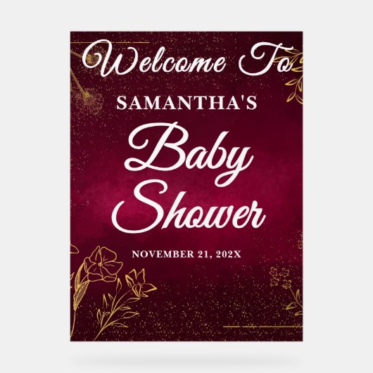 Bourgogne Gouden Herfst Baby shower Welkom Acryl Bord (Voorkant)