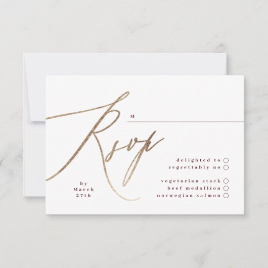 Bourgogne & Gouden Herfst Kalligrafie Bruiloft RSVP Kaartje (Voorkant)