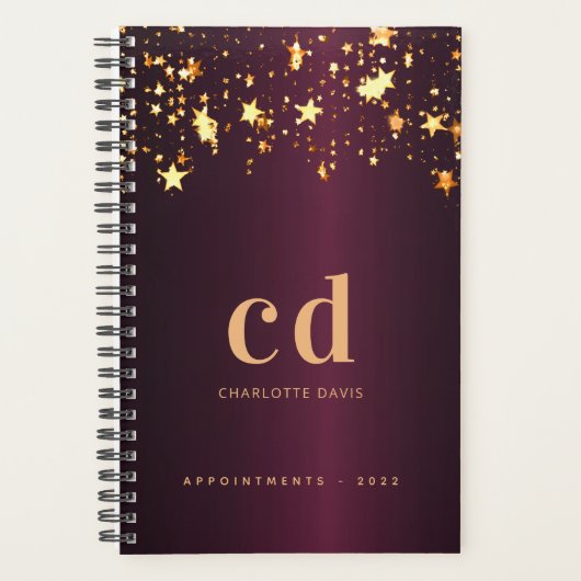 Bourgogne gouden sterren monogram 2025 planner (Voorkant)
