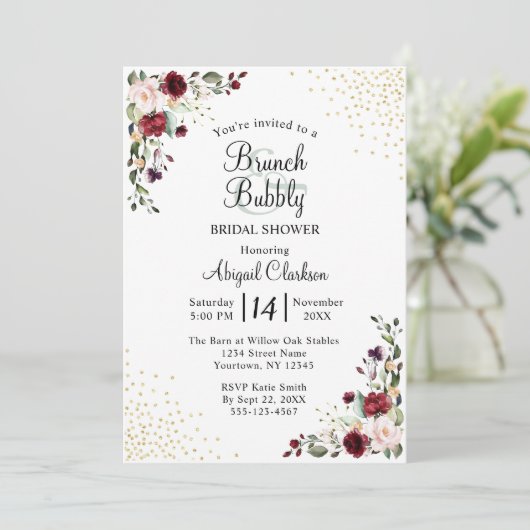 Bourgogne Goudfolie Brunch & Bubbly Vrijgezellenfe Kaart (Staand voorkant)