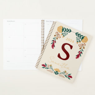 Bourgogne Groen Gouden Bloem Versierd Initiaal Planner