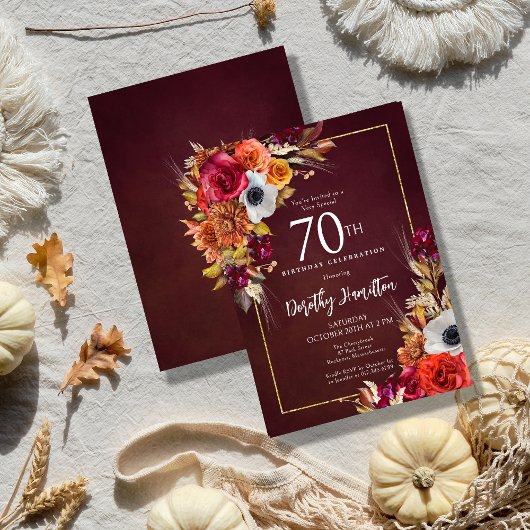 Bourgogne Herfst Flowers Elegant Script 70th Birth Kaart