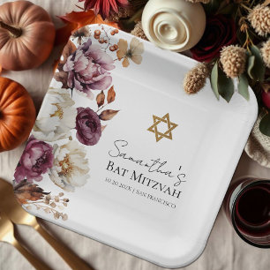 Bourgogne Herfst Herfst Floral Bat Mitzvah Papieren Bordje