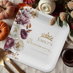 Bourgogne Herfst Herfst Floral Quinceanera Papieren Bordje