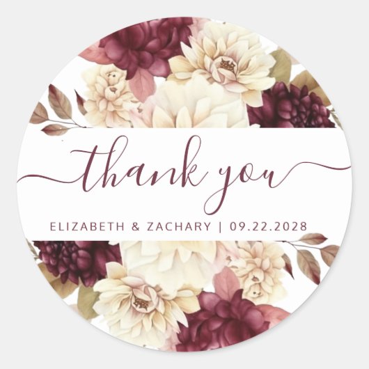 Bourgogne Ivoor Floral Wedding Bedankt Ronde Sticker (Voorkant)