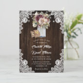 Bourgogne Ivoor Mason Jar Wood Bloemen Bruiloft Kaart (Staand voorkant)