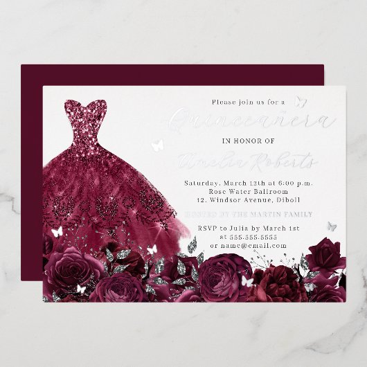 Bourgogne Jurk Zilveren Bloemen Vlinder Folie Uitnodiging (Voorkant / Achterkant)