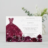 Bourgogne Jurk Zilveren Bloemen Vlinder Folie Uitnodiging (Staand Voorkant)