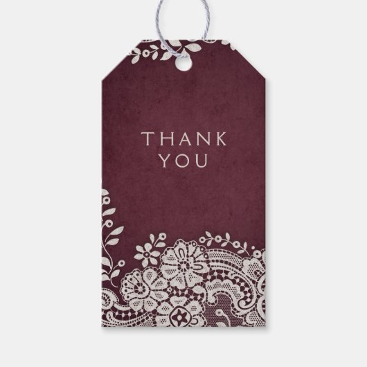 Bourgogne  kant rustieke bruiloft dank u cadeaulabel (Voorkant)